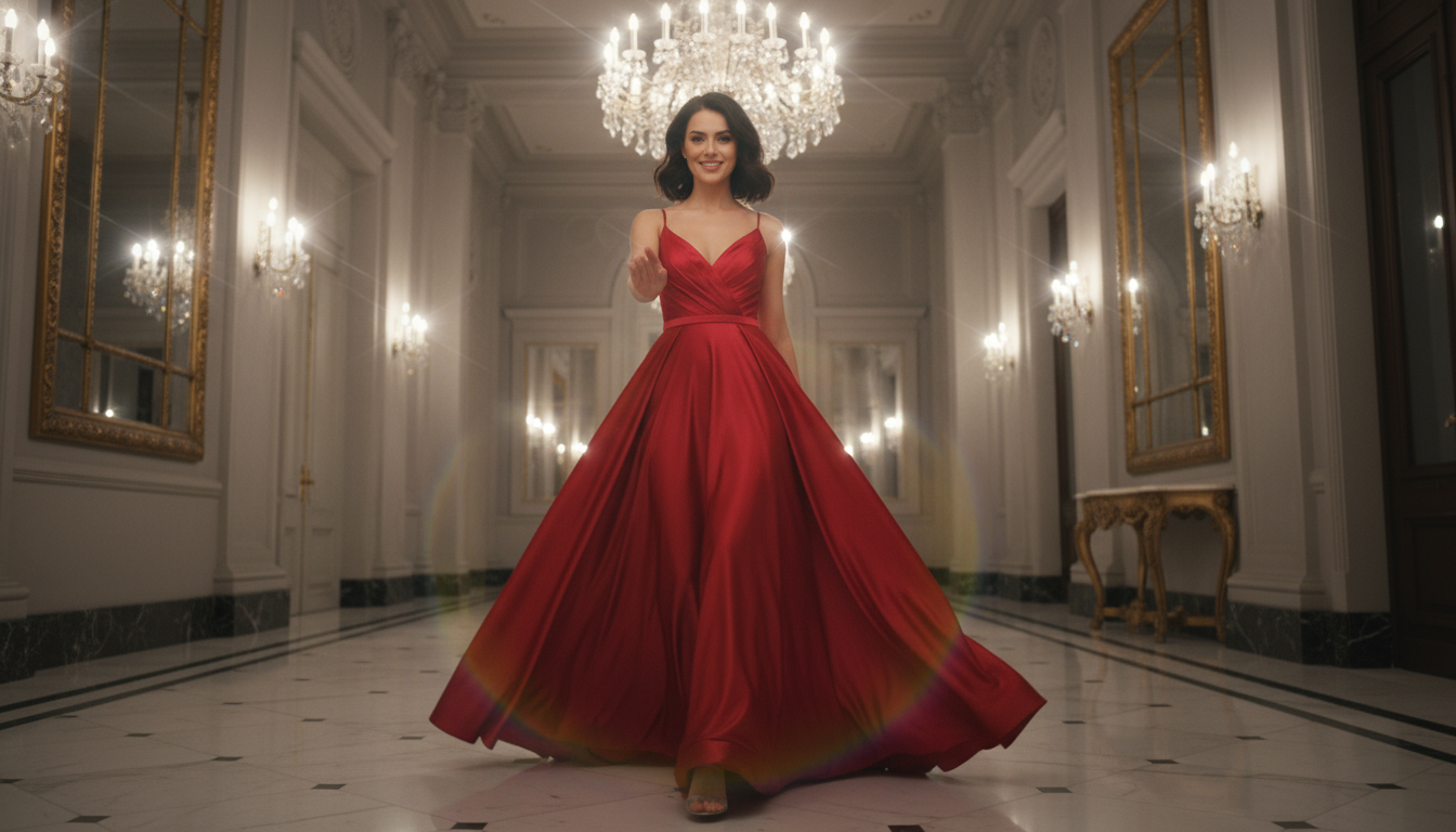 Step into Luxury: low-angle full-length shot of Mila facing the camera mid-stride in a dramatic red dress that billows as she walks, confident gaze and an inviting palm gesture toward the viewer, grand hallway with chandelier highlights creating cinematic depth; inspirational tone, no visible text or signage in frame.