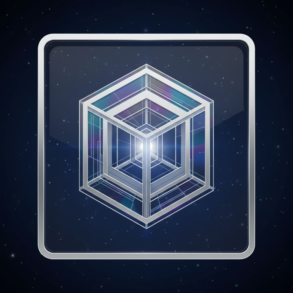 Create a sleek, glyph-like symbol that hints at unseen dimensions beyond the visible. Inspired by the geometry of a tesseract, the design should look simple at first glance but reveal complexity upon closer inspection. Modern, minimal, and deeply conceptual.