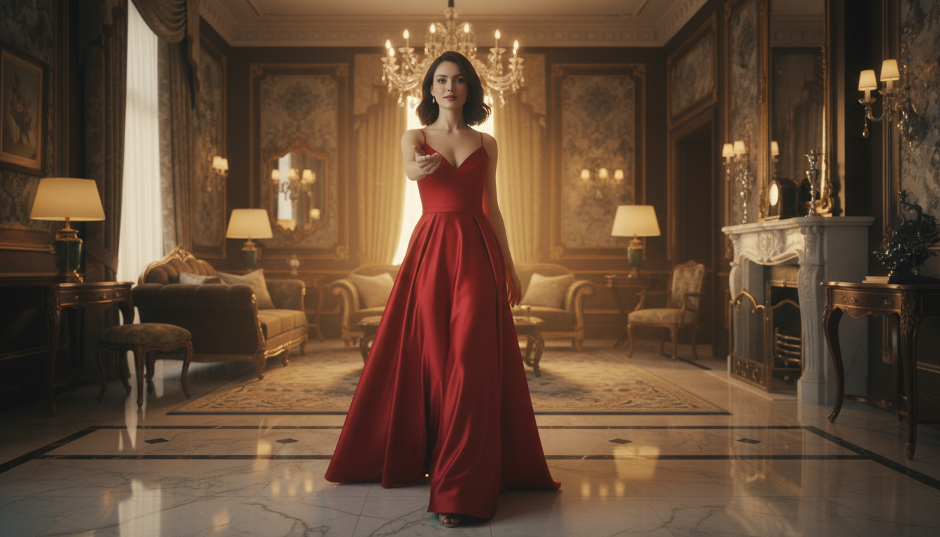 Step into Luxury: Mila faces the camera walking toward the viewer in a flowing red dress inside an elegantly decorated premium room, slight tilt of her head and a confident, inviting smile with one hand extended forward as a visual call to action; warm cinematic lighting, rich textures, no visible text or signage in frame.