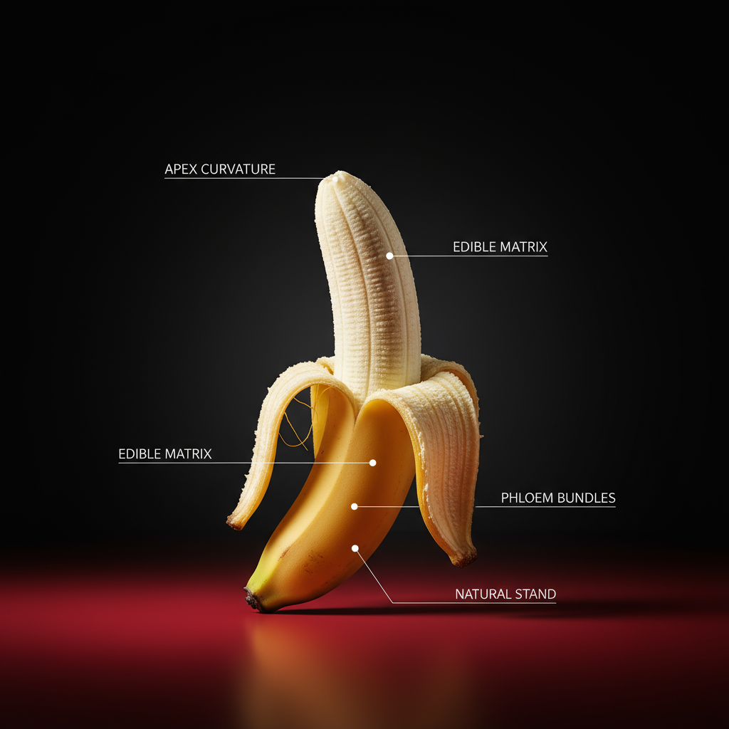 A hyper-realistic, close-up studio photo of a partially peeled banana standing upright on a vibrant red surface with a deep black gradient background. The lighting is dramatic and cinematic, highlighting the textures of the banana peel and fruit. Minimalist, modern typography and thin white annotation lines point to different parts of the banana, giving it a scientific or product-design look. The overall aesthetic is sleek, premium, and artistic — resembling a luxury product advertisement.