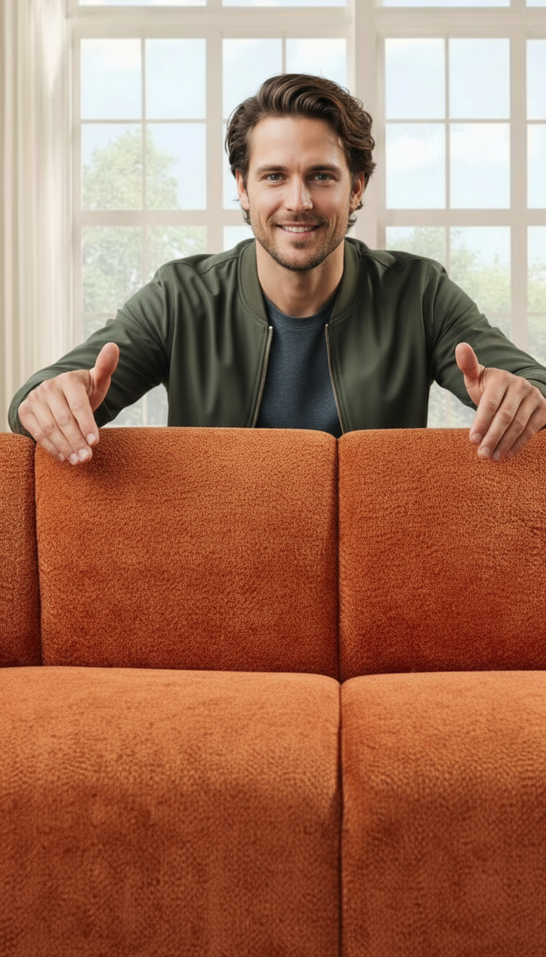 Create a tighter mid-shot with Elliot facing the camera and an inviting product-savvy expression while both hands frame Sofa v0.1. Emphasize close-up details—fabric weave, piping and seamwork—with shallow depth of field and warm directional light to suggest a slow camera approach to the couch.