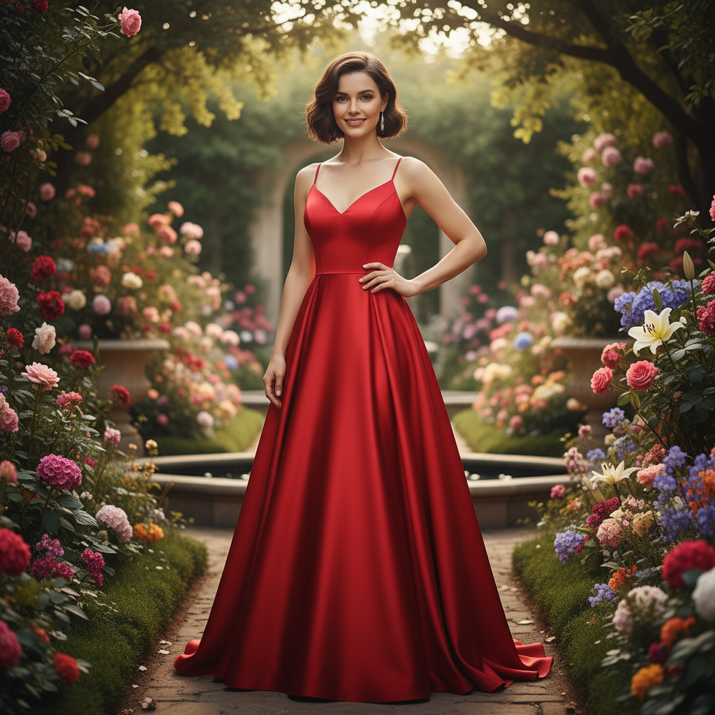 In a lavish garden setting with blooming flowers, Mila poses gracefully, showcasing her vibrant red dress that accentuates her elegance. Her expression radiates confidence, inviting the viewer to appreciate the dress's exquisite craftsmanship.
