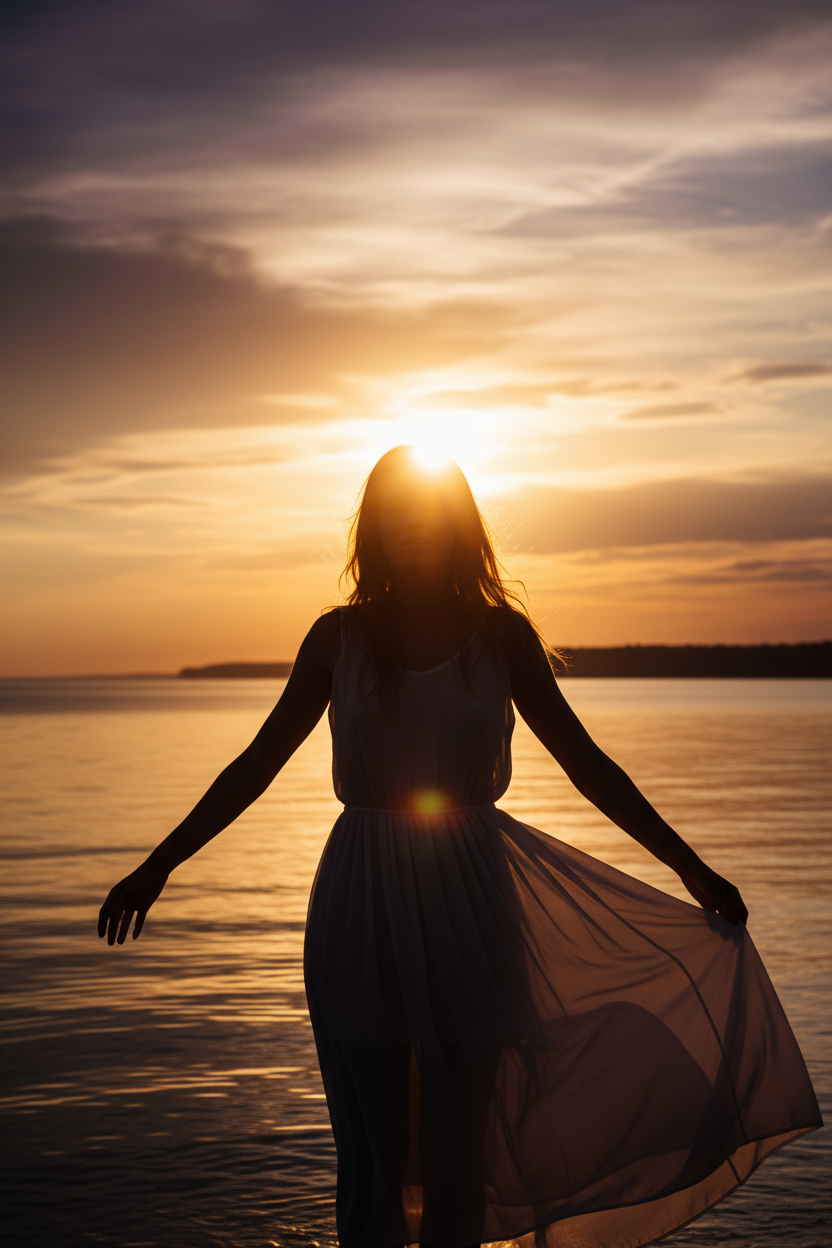 BEAUTIFUL ART, GIRL INFRONT OF SUNSET, PARTIALLY COVERING THE SUN, HER FACE DIMLY VISIBLE DUE TO THE POWERFUL LIGHT SHONE BY THE SUN. HYPER REALISTIC.