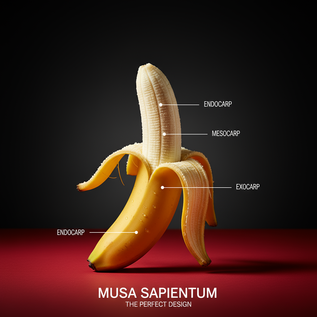 A hyper-realistic, close-up studio photo of a partially peeled banana standing upright on a vibrant red surface with a deep black gradient background. The lighting is dramatic and cinematic, highlighting the textures of the banana peel and fruit. Minimalist, modern typography and thin white annotation lines point to different parts of the banana, giving it a scientific or product-design look. The overall aesthetic is sleek, premium, and artistic — resembling a luxury product advertisement.