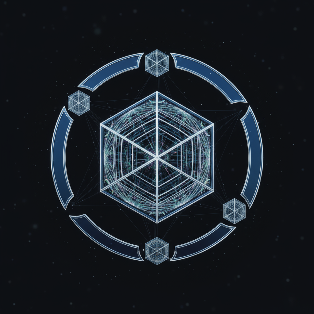 Create a sleek, glyph-like symbol that hints at unseen dimensions beyond the visible. Inspired by the geometry of a tesseract, the design should look simple at first glance but reveal complexity upon closer inspection. Modern, minimal, and deeply conceptual.